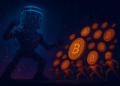 imagen en horizontal en el que aparezca una computadora cuántica gigante peleando contra un montón de bitcoins pequeños, en estilo cyberpunk.