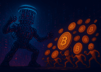 imagen en horizontal en el que aparezca una computadora cuántica gigante peleando contra un montón de bitcoins pequeños, en estilo cyberpunk.