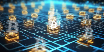 logo de bitcoin en bloques de transacciones comprimidos.
