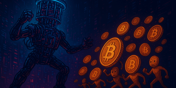 imagen en horizontal en el que aparezca una computadora cuántica gigante peleando contra un montón de bitcoins pequeños, en estilo cyberpunk.