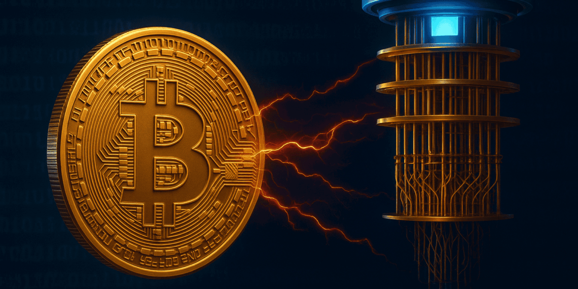 Moneda dorada de bitcoin en contacto con una computadora cuántica.
