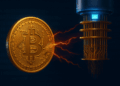 Moneda dorada de bitcoin en contacto con una computadora cuántica.