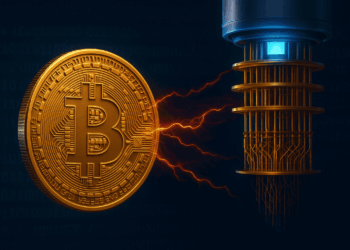 Moneda dorada de bitcoin en contacto con una computadora cuántica.