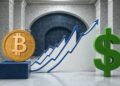 Logos de Bitcoin y el Dólar en medio de indicadores que van al alza.