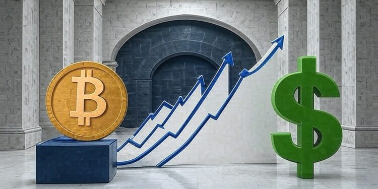 Logos de Bitcoin y el Dólar en medio de indicadores que van al alza.