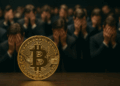 Imagen horizontal realista que muestra una moneda dorada de Bitcoin en primer plano, enfocada con gran detalle. En el fondo, varios inversores vestidos con trajes oscuros se cubren el rostro con las manos, dando una sensación de frustración o negación ante la presencia de Bitcoin. La iluminación resalta el brillo del metal dorado mientras el ambiente general es sombrío y corporativo.