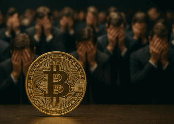 Imagen horizontal realista que muestra una moneda dorada de Bitcoin en primer plano, enfocada con gran detalle. En el fondo, varios inversores vestidos con trajes oscuros se cubren el rostro con las manos, dando una sensación de frustración o negación ante la presencia de Bitcoin. La iluminación resalta el brillo del metal dorado mientras el ambiente general es sombrío y corporativo.