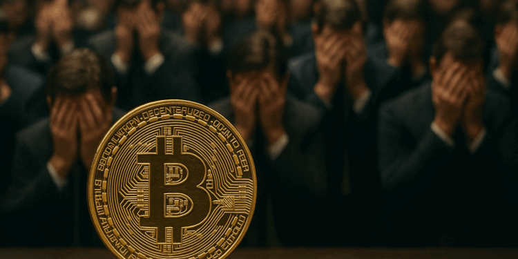 Imagen horizontal realista que muestra una moneda dorada de Bitcoin en primer plano, enfocada con gran detalle. En el fondo, varios inversores vestidos con trajes oscuros se cubren el rostro con las manos, dando una sensación de frustración o negación ante la presencia de Bitcoin. La iluminación resalta el brillo del metal dorado mientras el ambiente general es sombrío y corporativo.