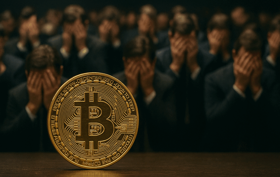 Imagen horizontal realista que muestra una moneda dorada de Bitcoin en primer plano, enfocada con gran detalle. En el fondo, varios inversores vestidos con trajes oscuros se cubren el rostro con las manos, dando una sensación de frustración o negación ante la presencia de Bitcoin. La iluminación resalta el brillo del metal dorado mientras el ambiente general es sombrío y corporativo.