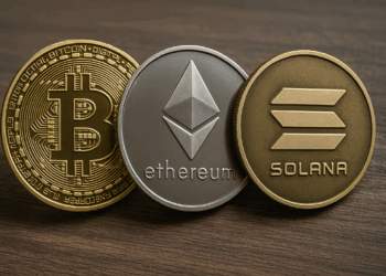 foto de tres monedas físicas de bitcoin, ether y SOL.