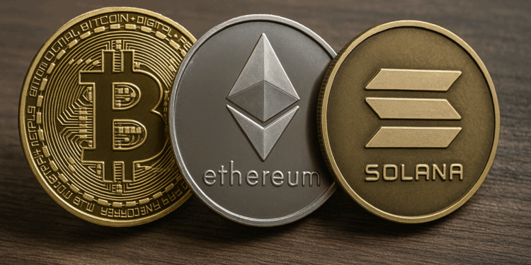 foto de tres monedas físicas de bitcoin, ether y SOL.