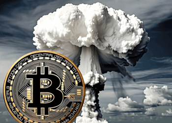 Una imagen realista en formato horizontal que muestra en primer plano una moneda dorada de Bitcoin con detalles circuitos y el símbolo "B" en negro. En el fondo, se aprecia una explosión nuclear en forma de nube de hongo blanca y grisácea, bajo un cielo nublado y oscuro, evocando un contraste entre tecnología financiera y destrucción apocalíptica.