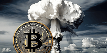 Una imagen realista en formato horizontal que muestra en primer plano una moneda dorada de Bitcoin con detalles circuitos y el símbolo "B" en negro. En el fondo, se aprecia una explosión nuclear en forma de nube de hongo blanca y grisácea, bajo un cielo nublado y oscuro, evocando un contraste entre tecnología financiera y destrucción apocalíptica.
