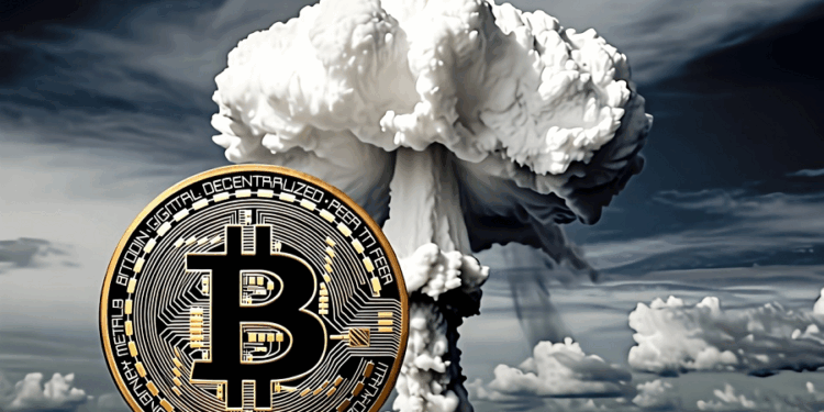Una imagen realista en formato horizontal que muestra en primer plano una moneda dorada de Bitcoin con detalles circuitos y el símbolo "B" en negro. En el fondo, se aprecia una explosión nuclear en forma de nube de hongo blanca y grisácea, bajo un cielo nublado y oscuro, evocando un contraste entre tecnología financiera y destrucción apocalíptica.