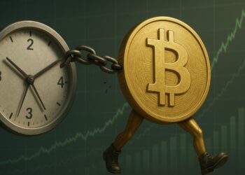 Moneda física de bitcoin caminando encadenada a un reloj, con gráficas verdes en el fondo.