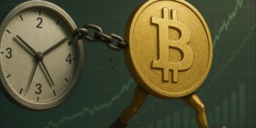 Moneda física de bitcoin caminando encadenada a un reloj, con gráficas verdes en el fondo.