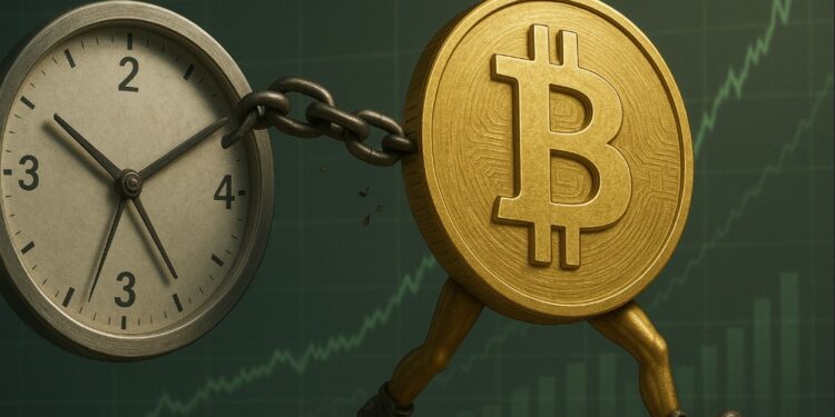 Moneda física de bitcoin caminando encadenada a un reloj, con gráficas verdes en el fondo.