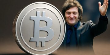 Imagen realista horizontal que muestra una gran moneda plateada de Bitcoin en primer plano, con el presidente de Argentina, Javier Milei, sonriendo y saludando triunfante en el fondo, vestido con traje oscuro.