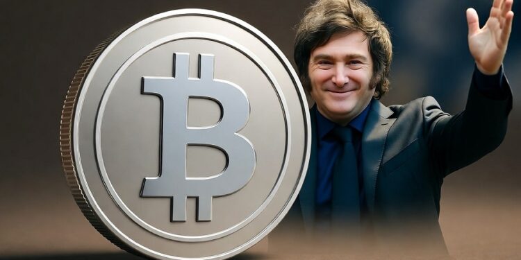 Imagen realista horizontal que muestra una gran moneda plateada de Bitcoin en primer plano, con el presidente de Argentina, Javier Milei, sonriendo y saludando triunfante en el fondo, vestido con traje oscuro.