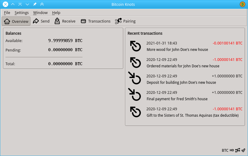 Interfaz de Bitcoin Knots mostrando balance en BTC y transacciones recientes enviadas y recibidas.