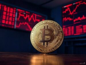 moneda de bitcoin dorada con un fondo de gráficos de precios en rojo.