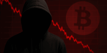 Una escena oscura y realista. En primer plano hay una persona con una sudadera negra con capucha, de pie, con la cara completamente en sombra, sin rasgos visibles. Transmite una sensación de anonimato y misterio, representando simbólicamente a Satoshi Nakamoto, el creador anónimo de Bitcoin. En el fondo, se ve un gráfico financiero en color rojo que desciende bruscamente, indicando una fuerte caída del precio de Bitcoin. Sobre el gráfico, se distingue el logotipo de Bitcoin en tono rojizo y difuso, como si estuviera iluminado detrás de la figura. Todo el ambiente está teñido de tonos oscuros y rojos, evocando tensión y un sentimiento de pérdida o declive.