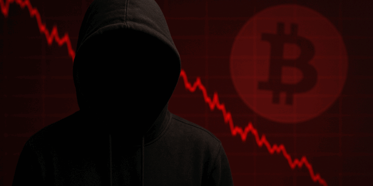 Una escena oscura y realista. En primer plano hay una persona con una sudadera negra con capucha, de pie, con la cara completamente en sombra, sin rasgos visibles. Transmite una sensación de anonimato y misterio, representando simbólicamente a Satoshi Nakamoto, el creador anónimo de Bitcoin. En el fondo, se ve un gráfico financiero en color rojo que desciende bruscamente, indicando una fuerte caída del precio de Bitcoin. Sobre el gráfico, se distingue el logotipo de Bitcoin en tono rojizo y difuso, como si estuviera iluminado detrás de la figura. Todo el ambiente está teñido de tonos oscuros y rojos, evocando tensión y un sentimiento de pérdida o declive.