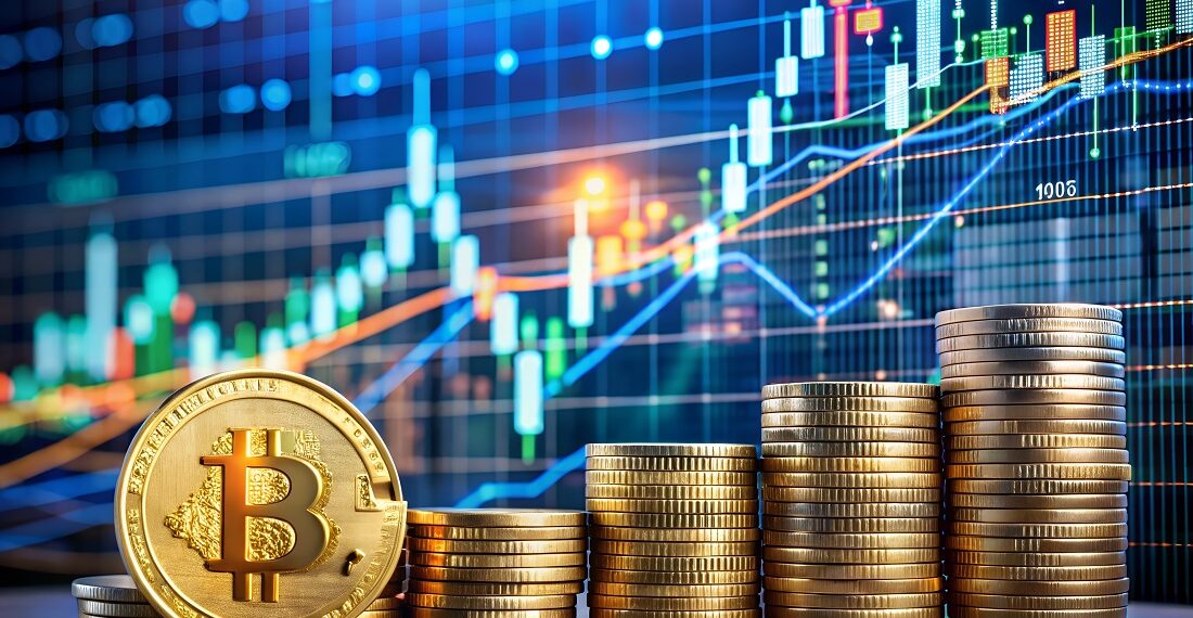 Monedas físicas doradas de bitcoin delante de un gráfico de precio.