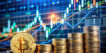 Monedas físicas doradas de bitcoin delante de un gráfico de precio.