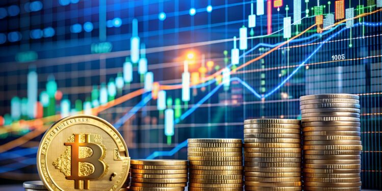 Monedas físicas doradas de bitcoin delante de un gráfico de precio.