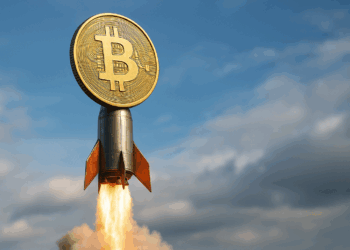 Bitcoin montado en un cohete que despega.