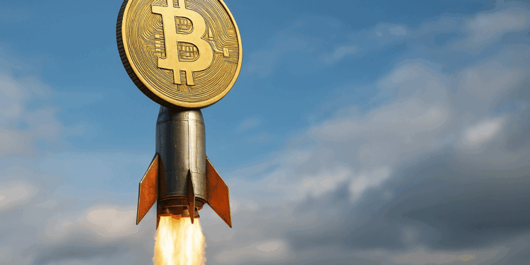 Bitcoin montado en un cohete que despega.