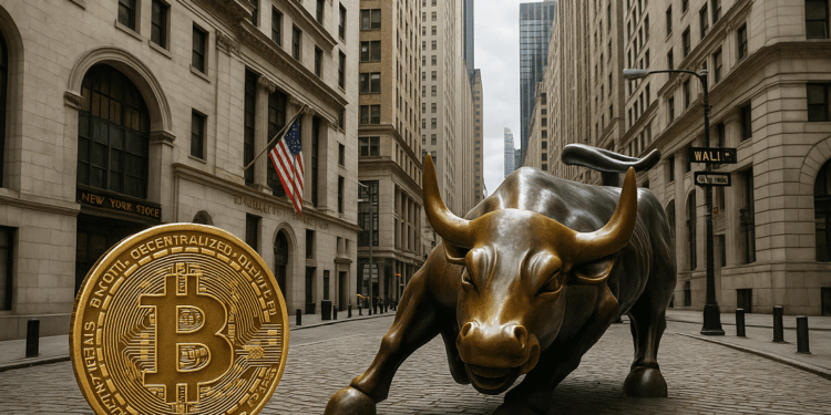La calle Wall Street, el toro de hierro y una moneda de bitcoin.