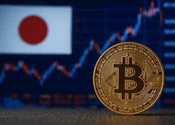 Imagen realista que muestra una moneda dorada de Bitcoin en primer plano, enfocada sobre una superficie oscura. Al fondo se distingue una bolsa de valores japonesa, con gráficos financieros ascendentes y la bandera de Japón desenfocada. Representa la conexión entre Bitcoin y el mercado financiero japonés.