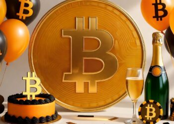 Varios globos naranja con el logo de bitcoin, alrededor de una moneda gigante con el mismo emblema.