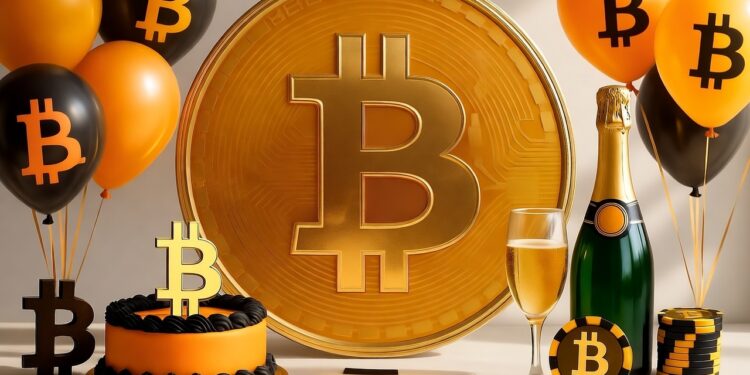 Varios globos naranja con el logo de bitcoin, alrededor de una moneda gigante con el mismo emblema.