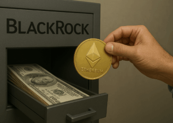 Una caja fuerte gris con el logotipo de BlackRock grabado en la parte superior. En el cajón abierto se observan fajos de billetes de 100 dólares estadounidenses y, al frente, una gran moneda dorada de Ethereum sostenida por una mano.