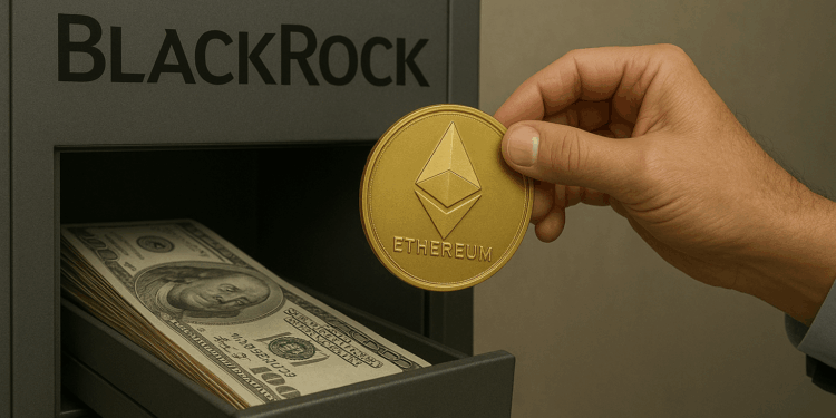 Una caja fuerte gris con el logotipo de BlackRock grabado en la parte superior. En el cajón abierto se observan fajos de billetes de 100 dólares estadounidenses y, al frente, una gran moneda dorada de Ethereum sostenida por una mano.