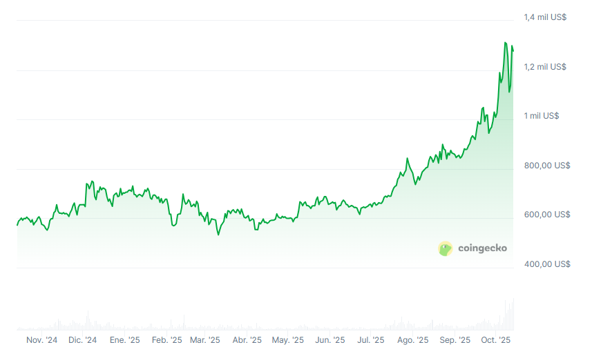 Gráfico del precio de BNB durante los últimos 12 meses.