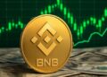 Una moneda dorada de BNB sobre unos dólares y un fondo de gráfico de precios.