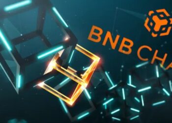 Logo de BNB Chain con cadenas de bloques alrededor.