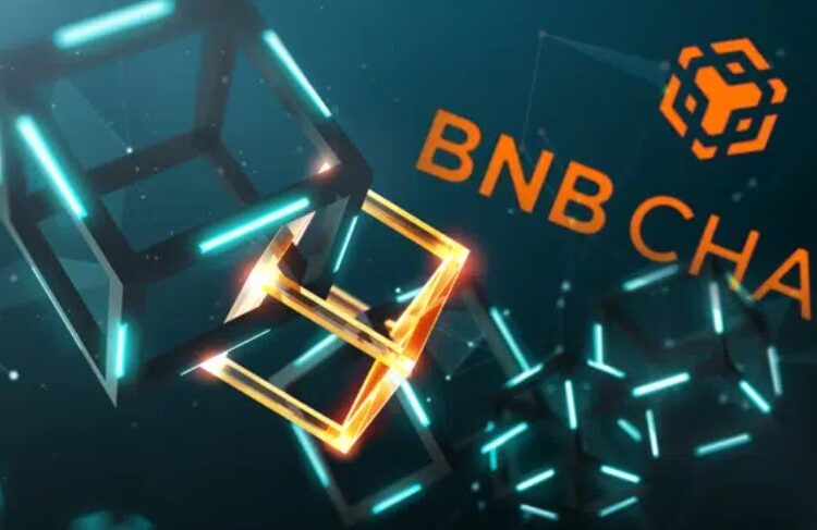 Logo de BNB Chain con cadenas de bloques alrededor.