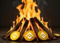 Una imagen horizontal realista que muestra un montón de monedas doradas ardiendo intensamente sobre un suelo de grava, con llamas naranjas brillantes surgiendo de la parte superior, simbolizando quema de criptomonedas.