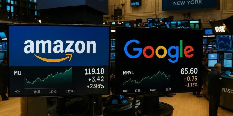 Fotografía del interior de Wall Street con pantallas que muestran los precios de Amazon y Google.