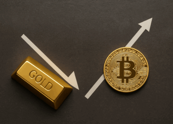 Imagen horizontal que muestra una barra de oro y una moneda de bitcoin sobre un fondo oscuro. Una flecha descendente apunta hacia el lingote de oro, simbolizando la caída de su precio, mientras otra flecha ascendente se dirige hacia el bitcoin, representando su aumento de valor.