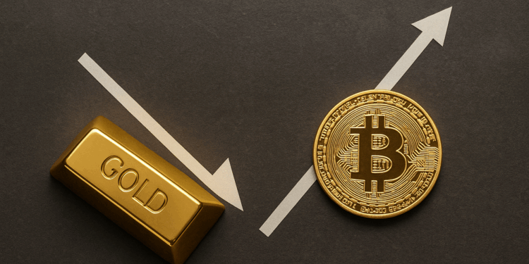 Imagen horizontal que muestra una barra de oro y una moneda de bitcoin sobre un fondo oscuro. Una flecha descendente apunta hacia el lingote de oro, simbolizando la caída de su precio, mientras otra flecha ascendente se dirige hacia el bitcoin, representando su aumento de valor.