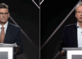 Los candidatos presidenciales de Bolivia, "Tuto" Quiroga y Rodrigo Paz, durante un debate.
