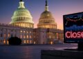 Capitolio de Estados Unidos junto a un gráfico de precios y un letrero con la palabra "closed".