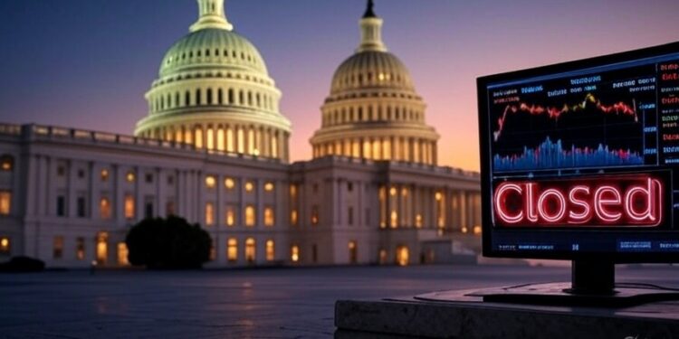 Capitolio de Estados Unidos junto a un gráfico de precios y un letrero con la palabra "closed".