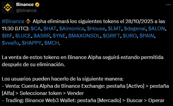 Screenshot of the announcement of the removal of cryptocurrencies from the Binance platform.